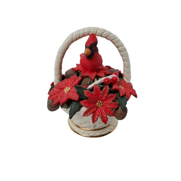 Vintage Ceramic / Porcelain Red Cardinal, Pine Cone, and Pointsettia Basket Musi - Picture 2 of 4